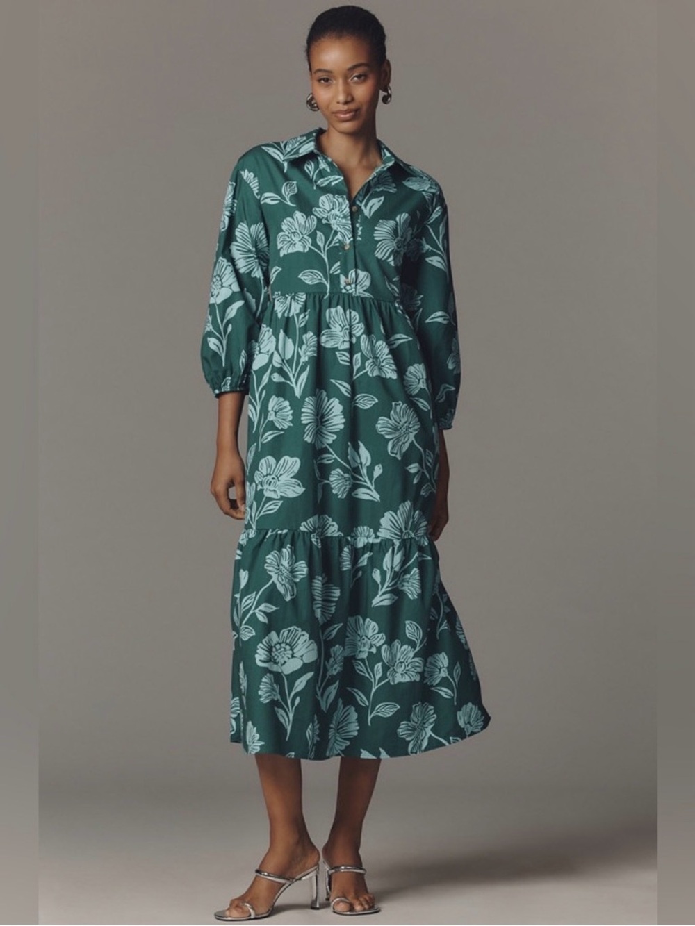 Anthropologie Maeve The Bettina Tiered Shirt Dress Green Floral Size 1X